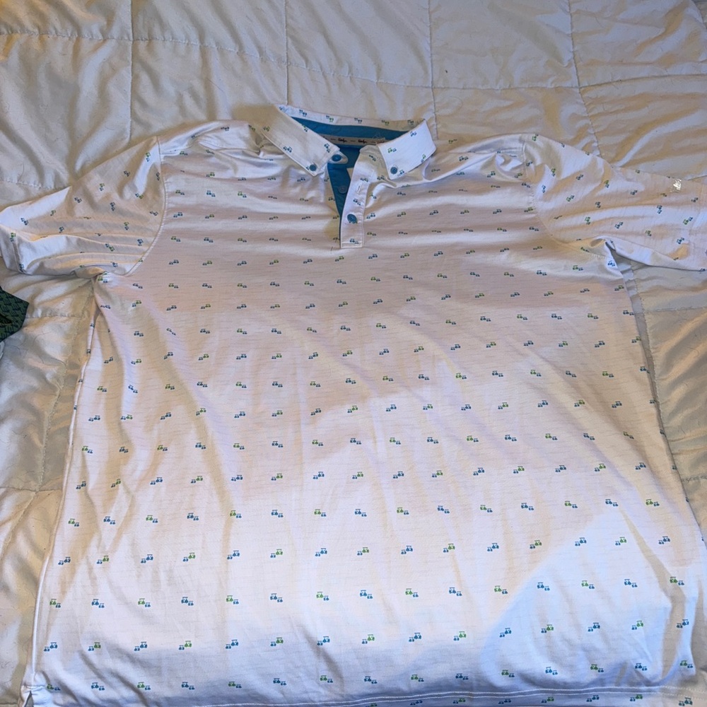 Walter Hagen White Polo Shirt with Blue and Green Golf Carts